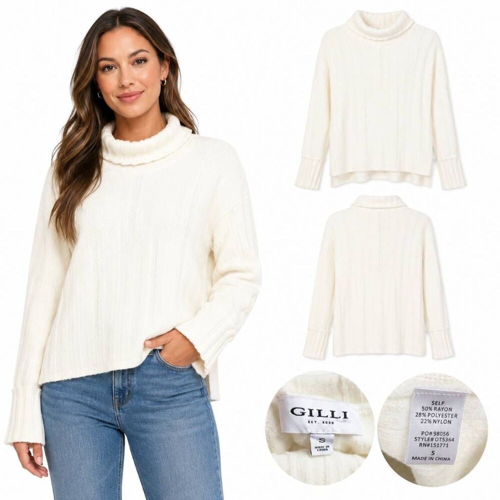 Gilli Ivory Ribbed Turtleneck Sweater Small Soft Knit